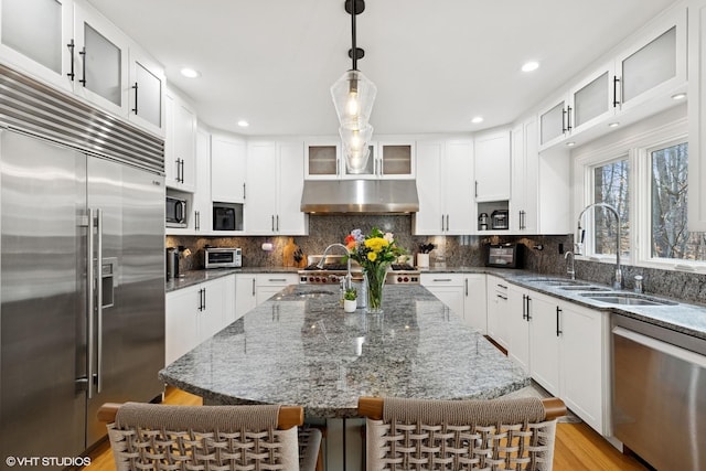 20662 Francisca Way, Frankfort, IL 60423 - kitchen with built in appliances, a sink, a kitchen island, light wood-type flooring, and decorative backsplash