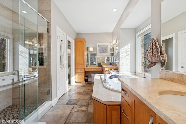 20662 Francisca Way, Frankfort, IL 60423 - full bathroom with a shower stall, stone finish floors, two vanities, recessed lighting, and a tub to relax in