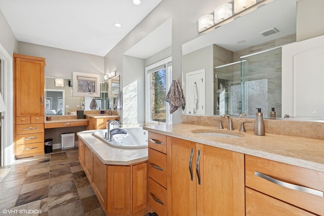 20662 Francisca Way, Frankfort, IL 60423 - full bathroom featuring a shower stall, a bath, two vanities, recessed lighting, and stone finish floors