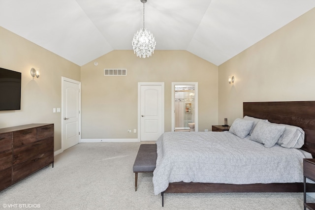 20662 Francisca Way, Frankfort, IL 60423 - bedroom with light colored carpet, lofted ceiling, a chandelier, baseboards, and connected bathroom