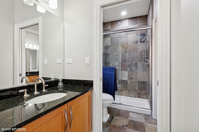 20662 Francisca Way, Frankfort, IL 60423 - bathroom featuring toilet, a stall shower, vanity, and stone finish flooring