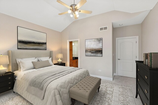 20662 Francisca Way, Frankfort, IL 60423 - bedroom with vaulted ceiling, light colored carpet, baseboards, a ceiling fan, and connected bathroom
