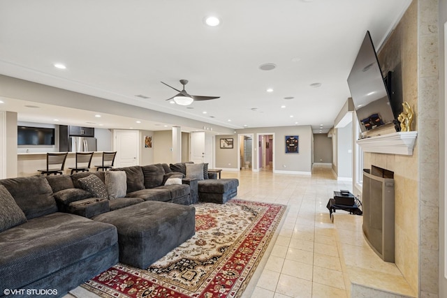 20662 Francisca Way, Frankfort, IL 60423 - living area with a fireplace, light tile patterned floors, a ceiling fan, recessed lighting, and baseboards