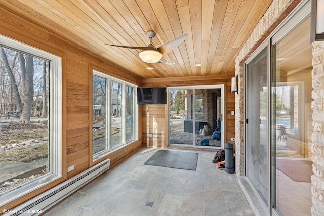20662 Francisca Way, Frankfort, IL 60423 - unfurnished sunroom with a baseboard radiator, wooden ceiling, and wood walls