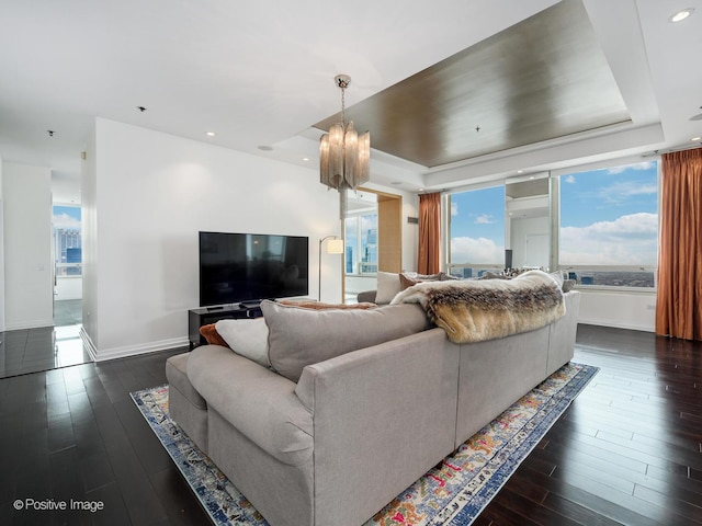 33 W Ontario St Unit 58E, Chicago, IL 60654 - living room with a tray ceiling, plenty of natural light, dark wood-style floors, and recessed lighting