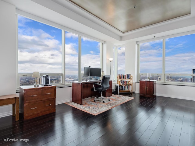 33 W Ontario St Unit 58E, Chicago, IL 60654 - home office featuring baseboards, a raised ceiling, and dark wood-type flooring