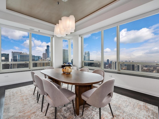 33 W Ontario St Unit 58E, Chicago, IL 60654 - dining space with a skyline view, dark wood finished floors, baseboards, and a tray ceiling