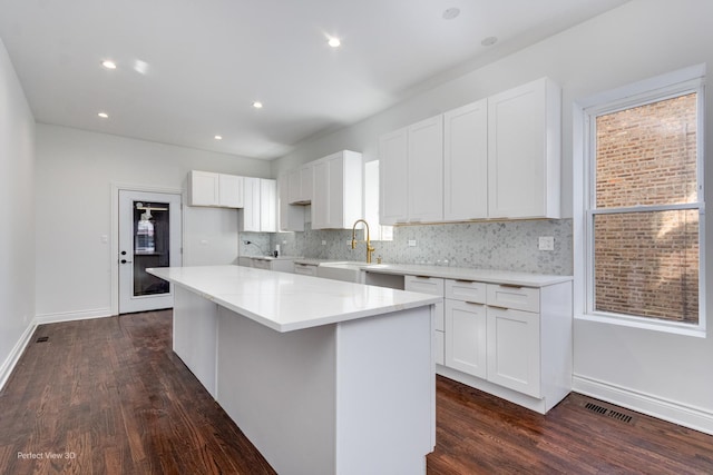 7317 S Maryland Ave, Chicago, IL 60619 - kitchen with a sink, dark wood finished floors, a center island, tasteful backsplash, and white cabinetry
