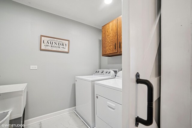 86 Brookside Dr, Elgin, IL 60123 - washroom with washing machine and dryer, light marble finish flooring, baseboards, and cabinet space