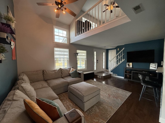 8223 170th St, Tinley Park, IL 60477 - living area featuring ceiling fan, stairs, wood finished floors, baseboards, and high vaulted ceiling