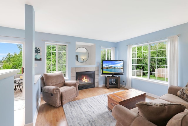 17 Ronan Ct, Lake In The Hills, IL 60156 - living room featuring light wood-style floors, a tiled fireplace, healthy amount of natural light, and baseboards