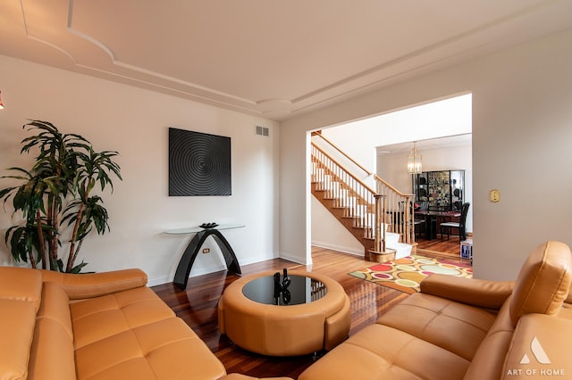 3713 Ballantrae Way, Flossmoor, IL 60422 - living room with wood finished floors, stairs, a chandelier, and baseboards