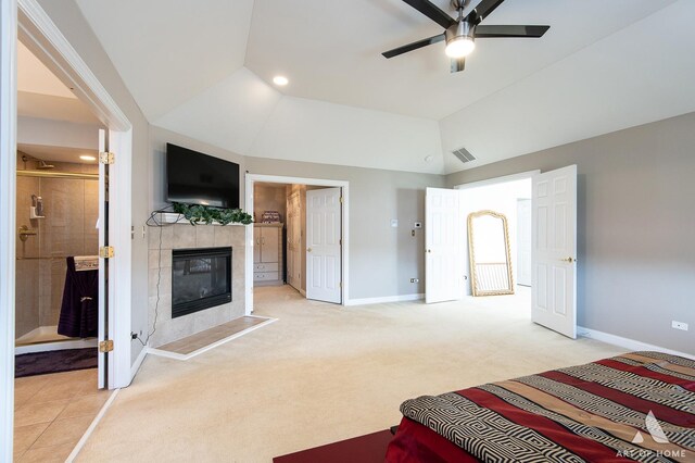 3713 Ballantrae Way, Flossmoor, IL 60422 - bedroom with baseboards, carpet floors, a tile fireplace, recessed lighting, and lofted ceiling