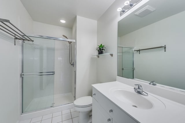 full bathroom with a shower stall, toilet, tile patterned floors, and vanity