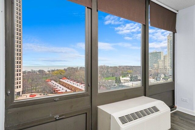 detailed view of wood finished floors, baseboards, and a view of city
