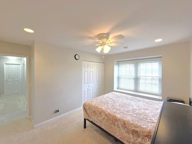 1750 Ridgewood Ln, Hoffman Estates, IL 60192 - bedroom featuring light carpet, baseboards, a closet, recessed lighting, and ceiling fan