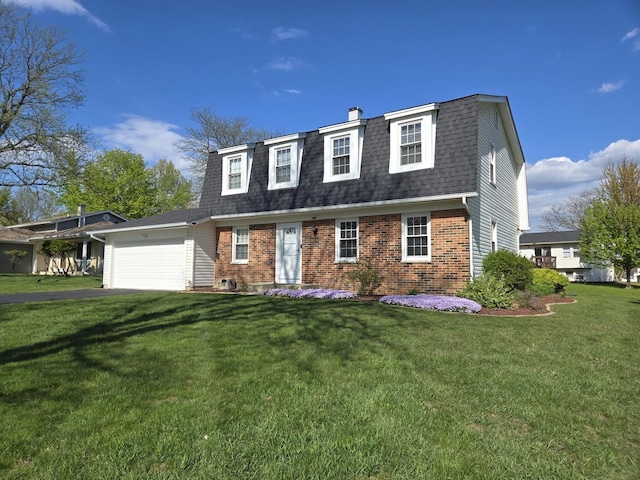 1750 Ridgewood Ln, Hoffman Estates, IL 60192 - dutch colonial with brick siding, a shingled roof, an attached garage, a front yard, and a chimney