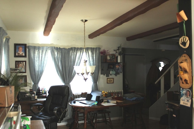 office with beamed ceiling
