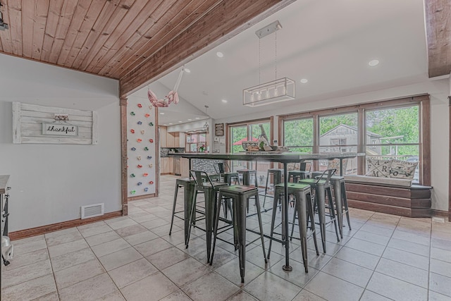 25647 W Old Grand Ave, Ingleside, IL 60041 - dining room with baseboards, lofted ceiling, light tile patterned flooring, recessed lighting, and wooden ceiling