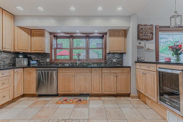 25647 W Old Grand Ave, Ingleside, IL 60041 - kitchen with beverage cooler, dishwasher, a sink, backsplash, and recessed lighting