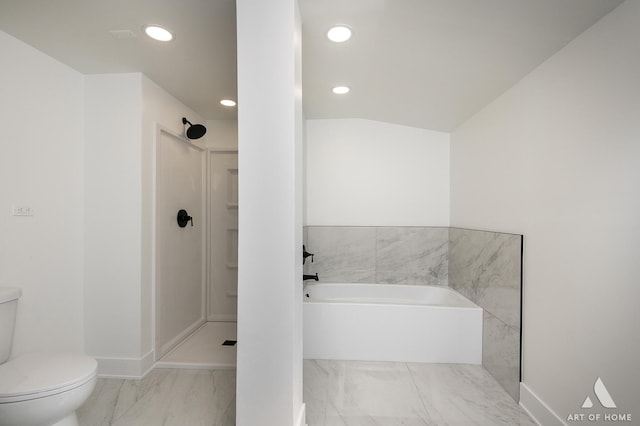 bathroom with toilet, marble look tile flooring, recessed lighting, a garden tub, and a shower