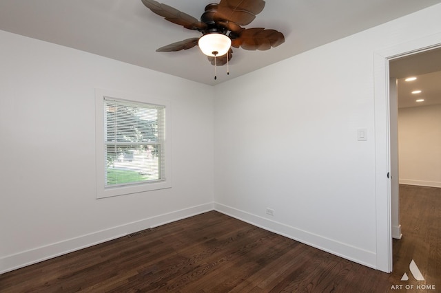 empty room with baseboards, dark wood-style flooring, ceiling fan, and recessed lighting