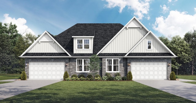 view of front of home featuring board and batten siding, concrete driveway, brick siding, a front lawn, and roof with shingles