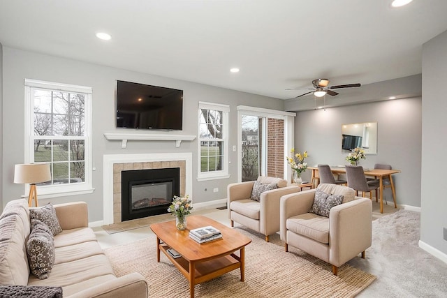 1224 Clearview Ct, Buffalo Grove, IL 60089 - living room with baseboards, recessed lighting, a ceiling fan, and a tile fireplace