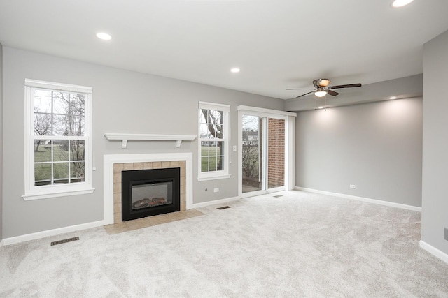 1224 Clearview Ct, Buffalo Grove, IL 60089 - unfurnished living room with baseboards, recessed lighting, ceiling fan, carpet flooring, and a tile fireplace