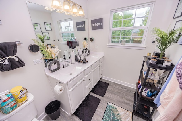 full bathroom with wood finished floors, double vanity, toilet, and baseboards