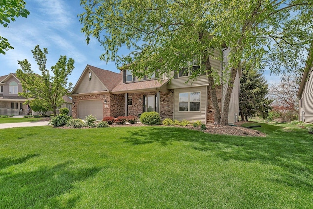 view of front of home with a garage, a front yard, brick siding, concrete driveway, and a shingled roof