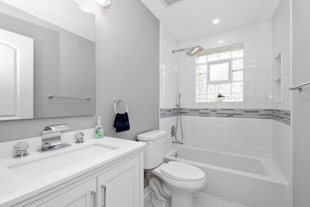 full bathroom with toilet, vanity, shower / bathtub combination, marble look tiles, and recessed lighting
