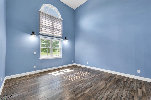 19 Nightingale Cir, Camargo, IL 61919 - spare room featuring dark wood-style flooring, baseboards, and high vaulted ceiling