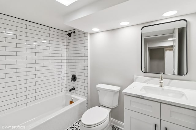 full bath with toilet, vanity,  shower combination, baseboards, and recessed lighting