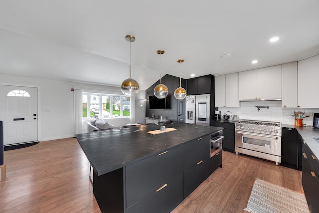 1324 Elmhurst Ln, Schaumburg, IL 60194 - kitchen with stainless steel appliances, dark cabinets, dark countertops, white cabinetry, and recessed lighting