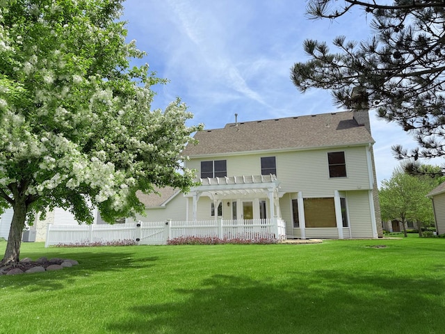 rear view of house featuring a pergola, a chimney, a gate, and roof with shingles