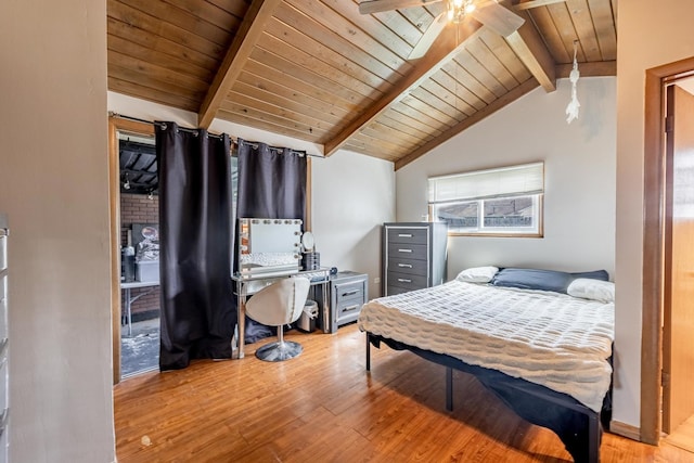 bedroom featuring light wood-type flooring and wooden ceiling