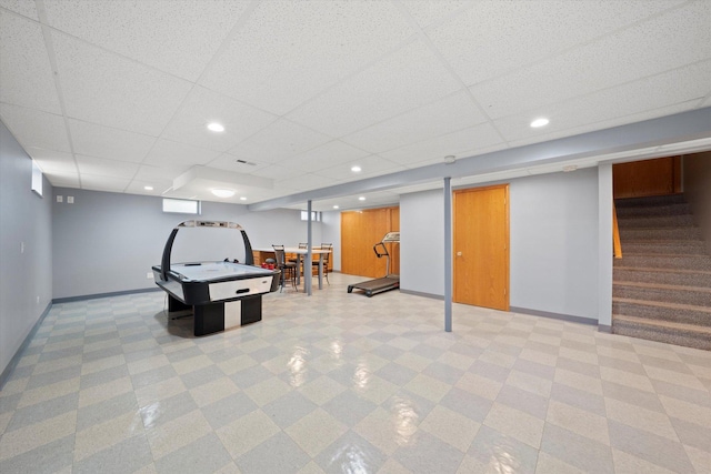 game room with a drop ceiling, baseboards, and recessed lighting