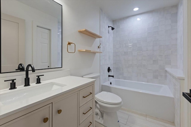 1808 N Karlov Ave, Chicago, IL 60639 - bathroom featuring toilet, shower / washtub combination, vanity, tile patterned floors, and recessed lighting