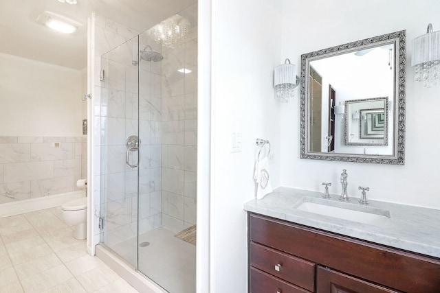 1054 Evergreen Dr, Carol Stream, IL 60188 - bathroom with a stall shower, toilet, ornamental molding, and vanity