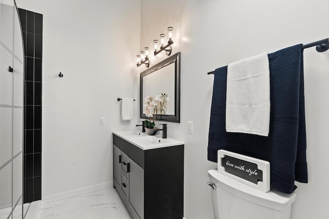 250 N Oak St, Palatine, IL 60067 - full bath with marble look tile flooring, toilet, baseboards, double vanity, and tiled shower