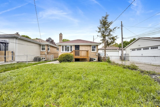 view of front of home featuring a detached garage, fence, a chimney, brick siding, and cooling unit