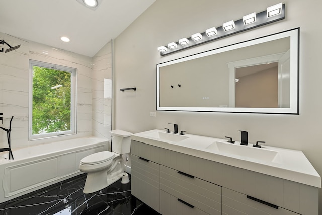 full bath featuring marble tiled flooring, toilet, a bathtub, a shower, and double vanity