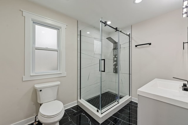 bathroom featuring baseboards, marble tiled floors, a shower stall, and recessed lighting