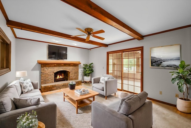 22 Cedar Gate Cir, Sugar Grove, IL 60554 - living room with beam ceiling, ceiling fan, baseboards, and a fireplace