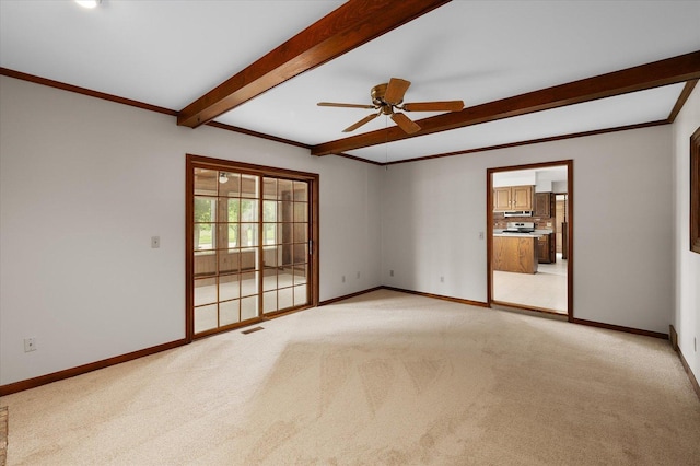 22 Cedar Gate Cir, Sugar Grove, IL 60554 - spare room featuring light colored carpet, beam ceiling, ceiling fan, baseboards, and crown molding