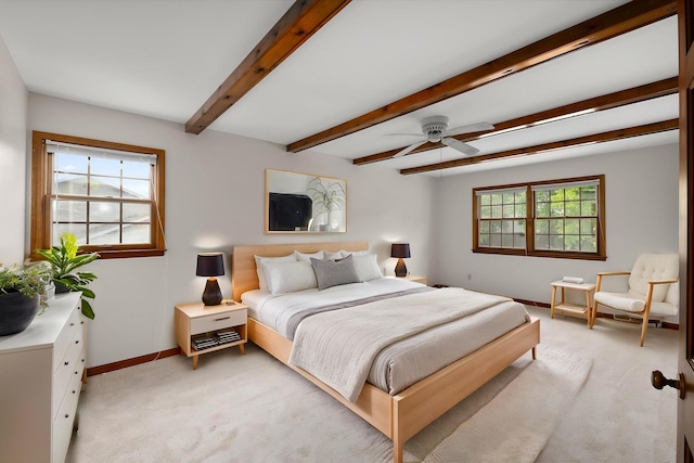 22 Cedar Gate Cir, Sugar Grove, IL 60554 - bedroom with baseboards, light carpet, beamed ceiling, and ceiling fan