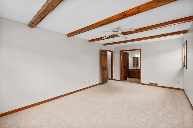 22 Cedar Gate Cir, Sugar Grove, IL 60554 - empty room featuring light carpet, baseboards, beamed ceiling, and a ceiling fan