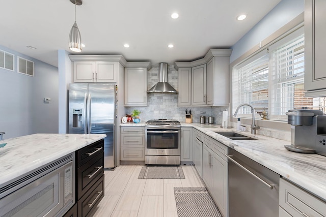 8557 W Winona St, Chicago, IL 60656 - kitchen featuring appliances with stainless steel finishes, wall chimney range hood, a sink, backsplash, and light stone counters