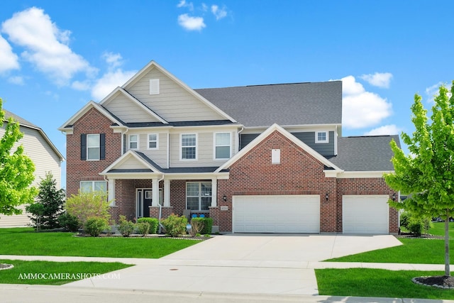 craftsman-style house with driveway, a front lawn, brick siding, covered porch, and a shingled roof